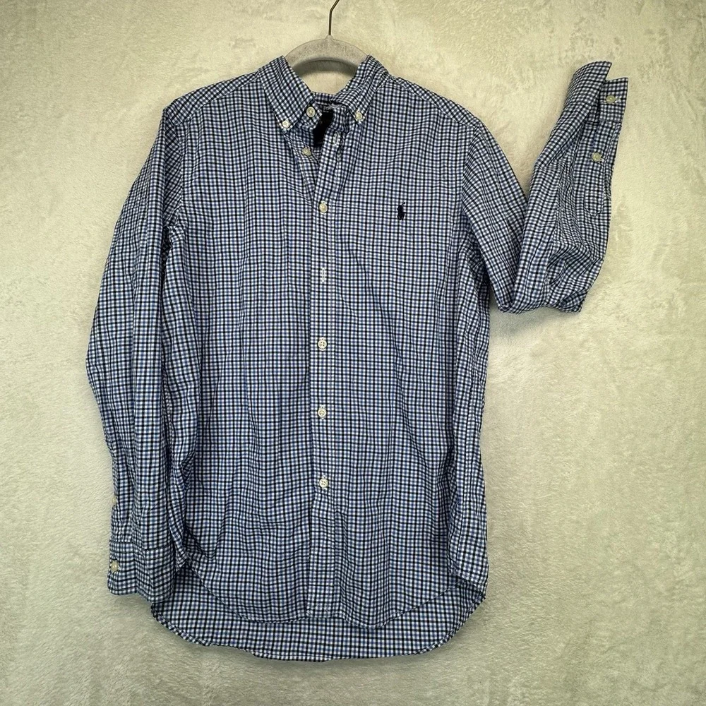 Ralph Lauren Button Up Shirt Boys L 14-16‎ Blue Gingham Pony Logo Preppy